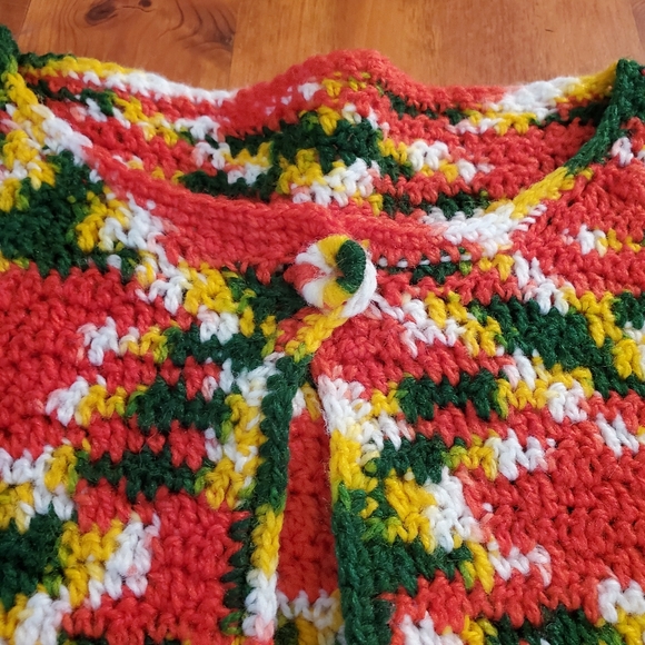 Handmade Cardigan Acrylic Yarn Red Yellow Green White Crochet Approx Size Large - Picture 4 of 8